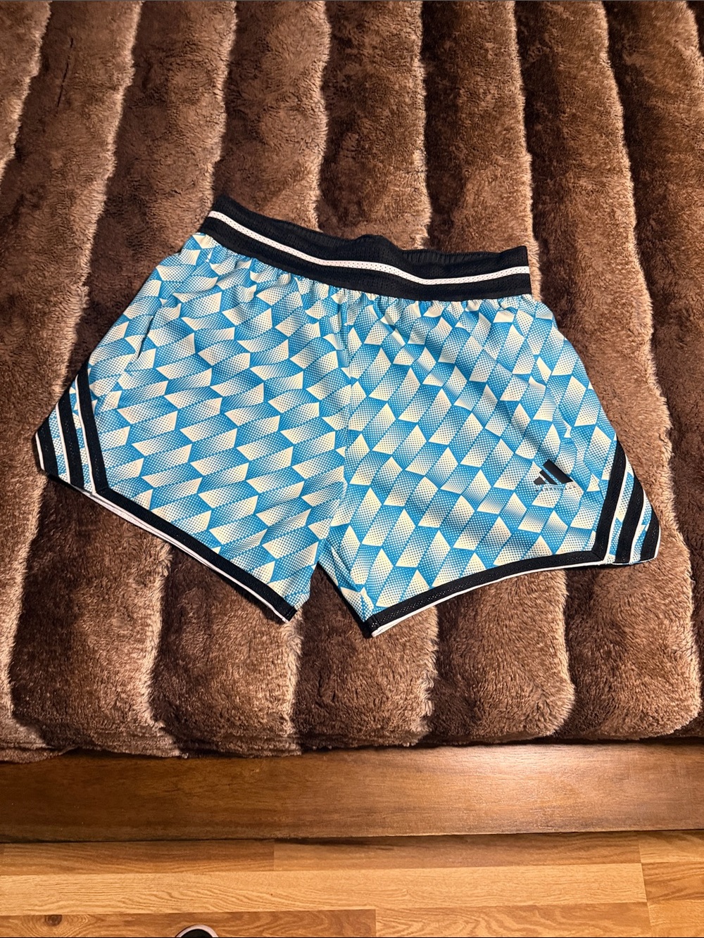adidas Women’s Light Blue Geometric Athletic Shorts with Black Trim